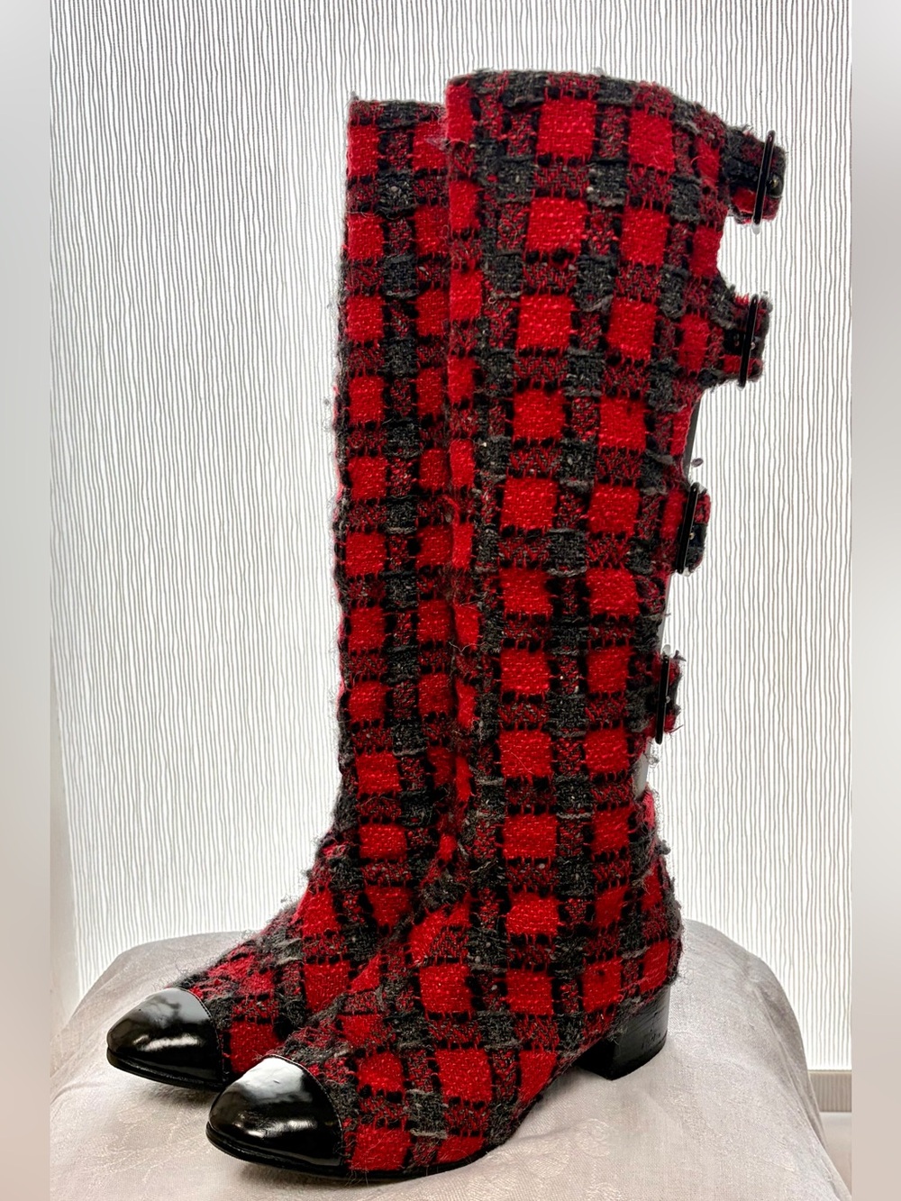 CHANEL Fall07 Karl L. Tweed Cap Toe Buckle Boots, Red/Grey/Blk Plaid, CCs,37,EUC - Picture 6 of 15